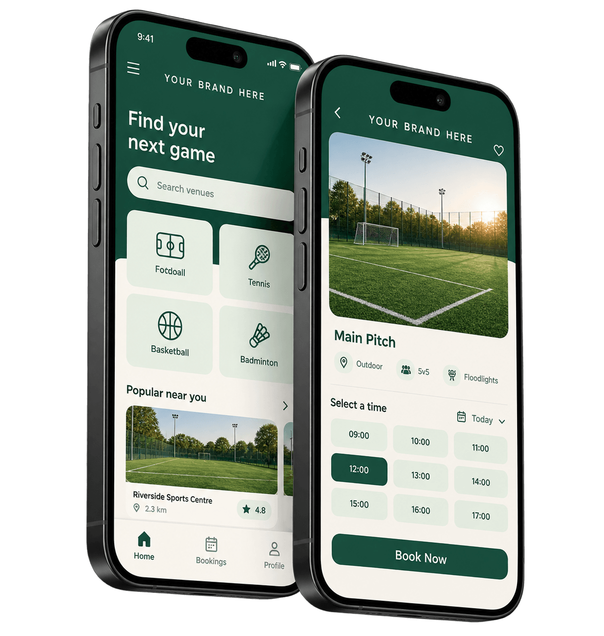 Two smartphone mockups showing a custom-branded sports booking app